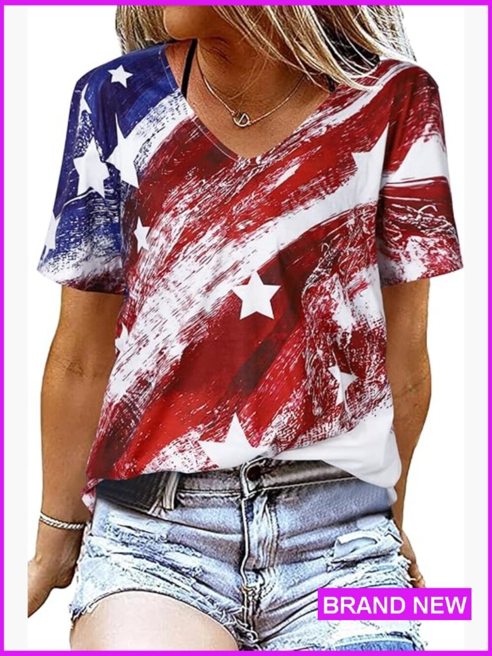Patriotic V-Neck T-Shirt Casual USA Flag Print Short Sleeve Blouse